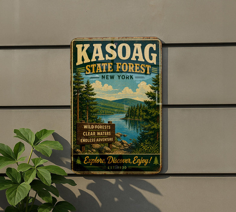 A vintage-style metal sign for the Kasoag State Forest in New York, featuring a scenic landscape with pine trees, a lake, and mountains.