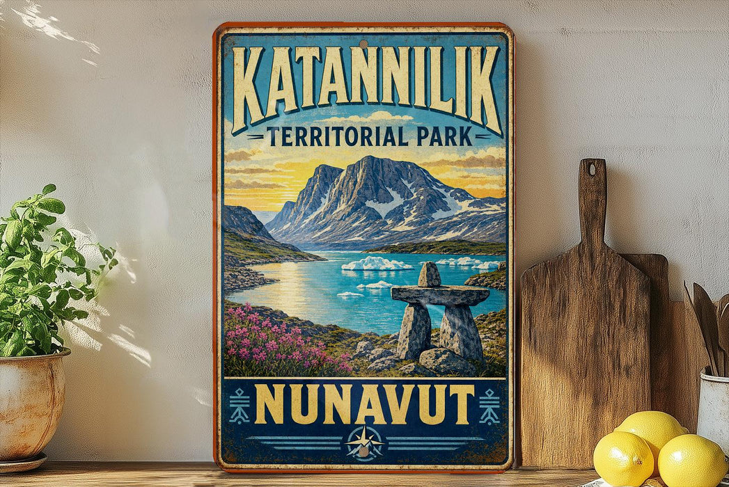 A vintage-style sign for Katanilik Territorial Park, featuring a scenic landscape with mountains, a lake, and a rock formation.