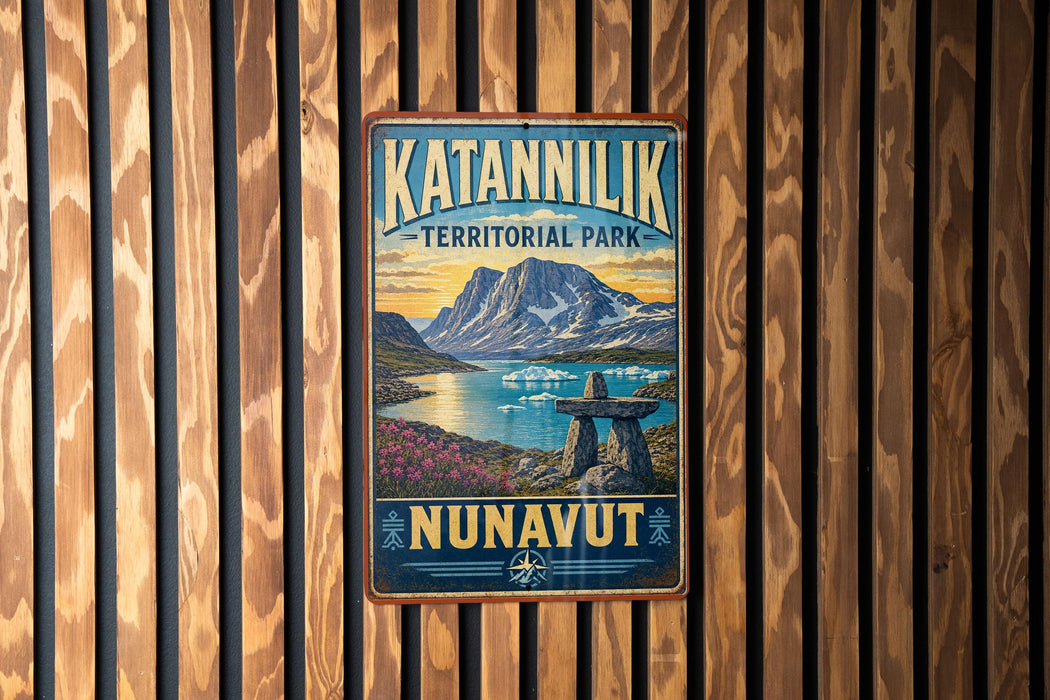 A vintage-style metal sign for Katanvilik Territorial Park, featuring a scenic landscape with mountains, a lake, and a rock formation.