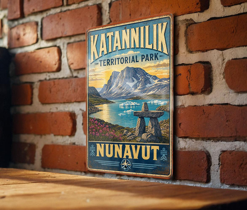 A vintage-style metal sign for Katanningik Territorial Park, featuring a scenic landscape with mountains, a lake, and a rock formation.