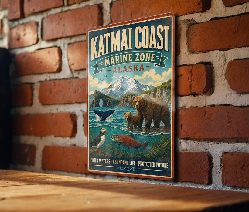 A vintage-style metal sign for the Katmai Coast Marine Zone in Alaska, featuring an illustration of wildlife such as a bear, puffin, and salmon.