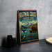 A vintage-style metal sign for the Katmai Coast Marine Zone in Alaska, featuring illustrations of wildlife such as bears, a puffin, and a salmon.