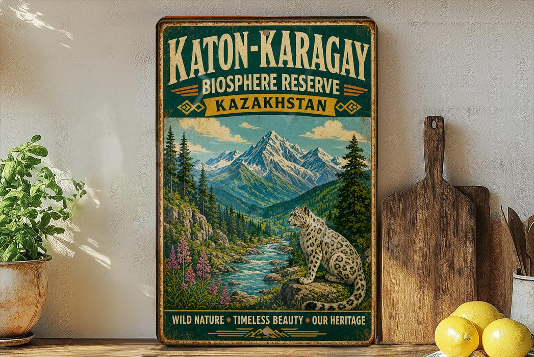 A vintage-style metal sign for the Katon-Karagay Biosphere Reserve in Kazakhstan, featuring a leopard and a mountain landscape.