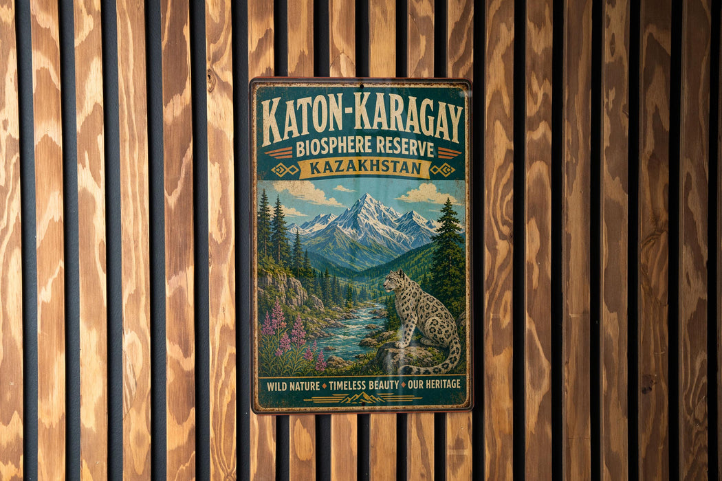 A vintage-style metal sign for the Katon-Karagay Biosphere Reserve in Kazakhstan, featuring a mountain landscape with a leopard.