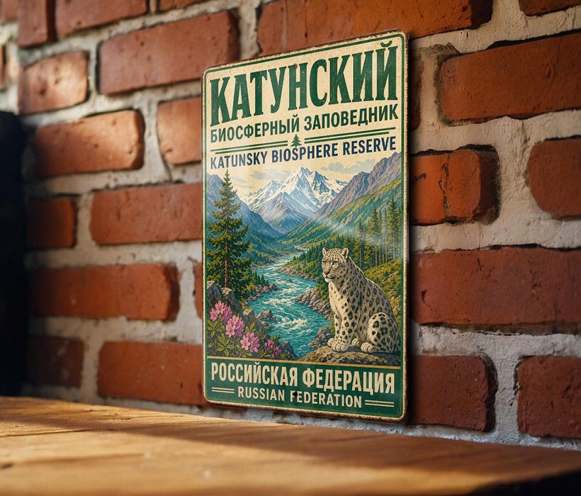 A vintage-style metal sign with a mountain landscape and a leopard, mounted on a brick wall.