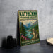 A vintage metal sign with Russian text and an illustration of a mountain landscape, featuring a leopard.