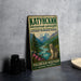 A vintage metal sign with Russian text and an illustration of a mountain landscape, featuring a leopard.