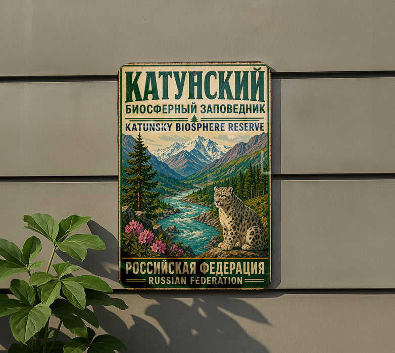 a vintage-style sign with a mountain landscape and a leopard, mounted on a wall.