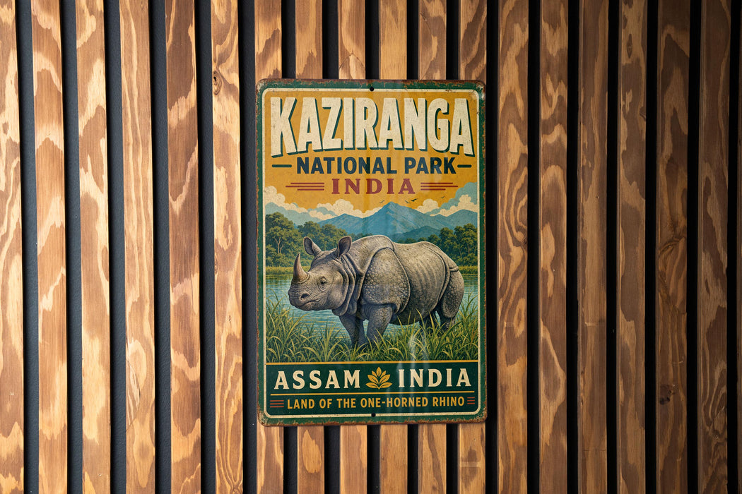A vintage-style metal sign for Kaziranga National Park, India, featuring an illustration of a rhinoceros in a grassy field with mountains in the background.