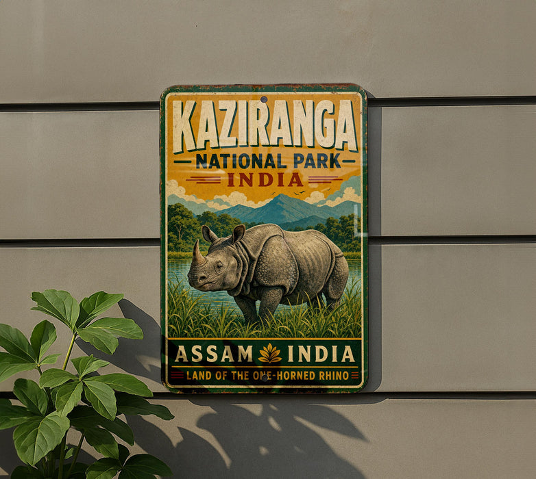 a sign for Kaziranga National Park, India, depicting a rhinoceros in a grassy field with mountains in the background.