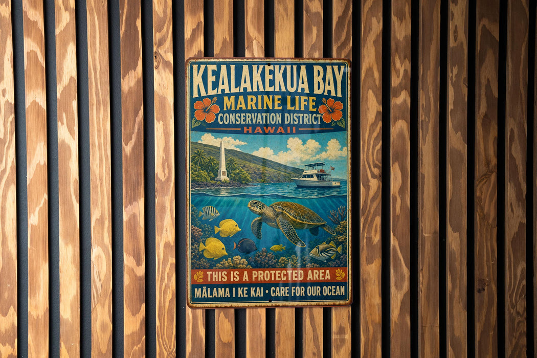 A vintage metal sign for Kealakeua Bay, Hawaii, featuring a turtle, fish, and a boat on the ocean.
