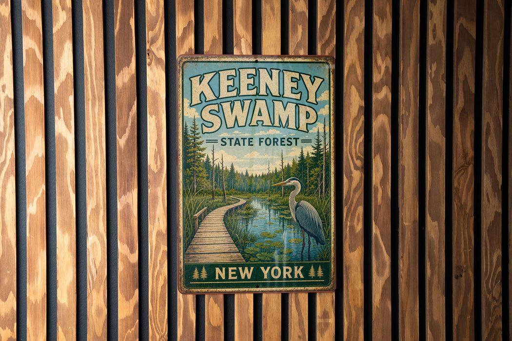A vintage metal sign for Keeney Swamp State Forest in New York, featuring a wooden boardwalk leading to a pond with a crane standing on it.
