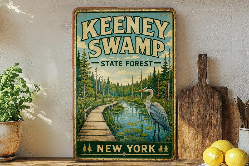 A vintage-style sign for Keeney Swamp State Forest in New York, featuring a wooden boardwalk leading to a pond with a heron.