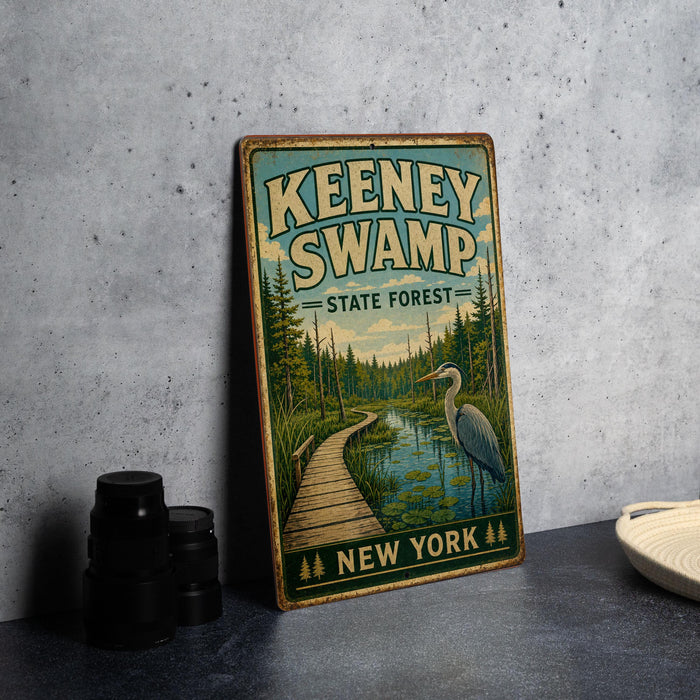 A vintage-style metal sign for Keeney Swamp State Forest in New York, featuring a scenic illustration of a path leading through a forest and a bird in the foreground.