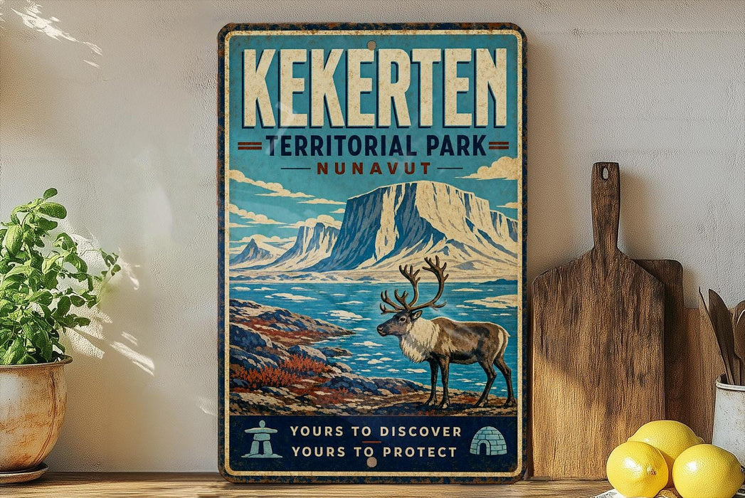 A vintage-style sign for Kekerten Territorial Park, featuring a reindeer and a mountainous landscape.