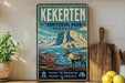A vintage-style sign for Kekerten Territorial Park, featuring a reindeer and a mountainous landscape.