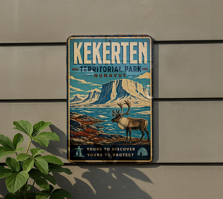 A vintage-style metal sign for Kekerten Territorial Park, Nunavut, featuring a reindeer and a mountainous landscape.
