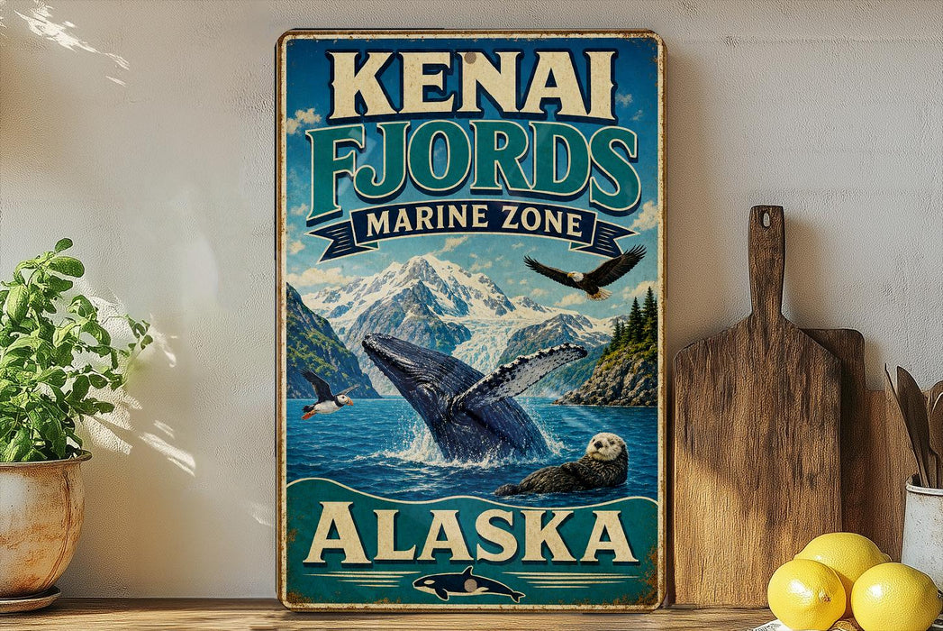 A vintage-style metal sign for the Kenai Fjords Marine Zone in Alaska, featuring an illustration of a whale, an eagle, and mountains.