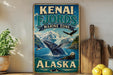 A vintage-style metal sign for the Kenai Fjords Marine Zone in Alaska, featuring an illustration of a whale, an eagle, and mountains.