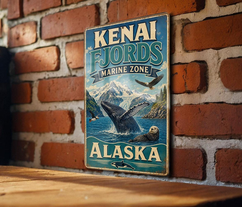 A vintage-style sign for Kenai Fjords, Alaska, featuring a whale and seal in the ocean, mounted on a brick wall.