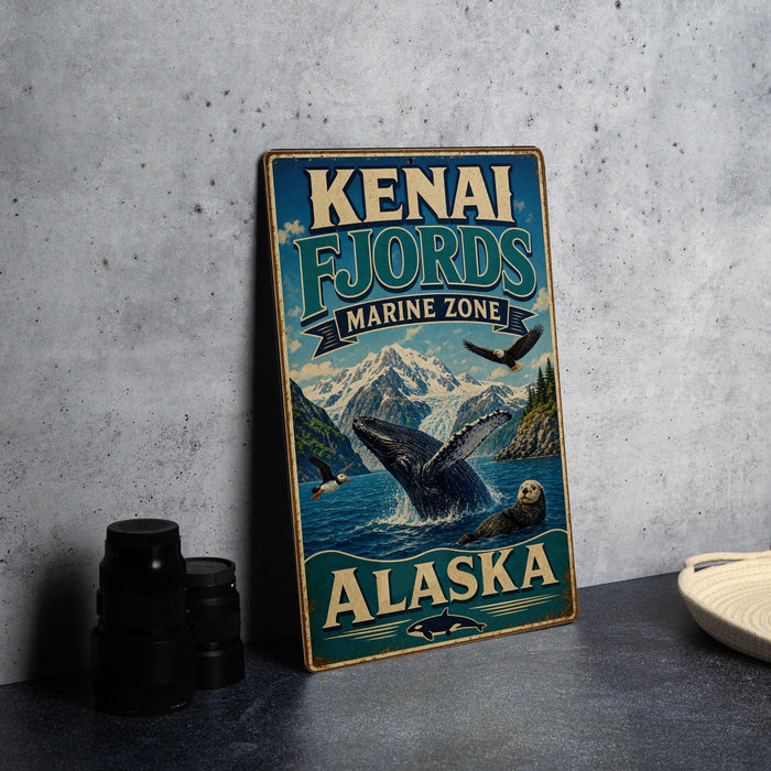 A vintage-style sign for Kenai Fjords, Alaska, featuring a whale and other marine life, is displayed on a gray concrete wall.