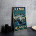 A vintage-style sign for Kenai Fjords, Alaska, featuring a whale and other marine life, is displayed on a gray concrete wall.