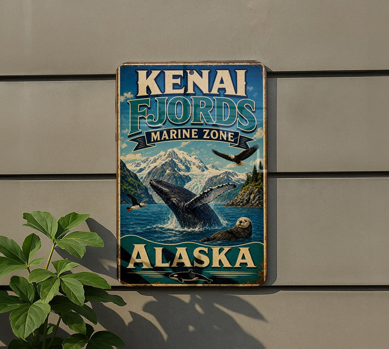 A vintage-style sign for Kenai Fjords, Alaska, featuring a whale and other marine life against a backdrop of mountains.