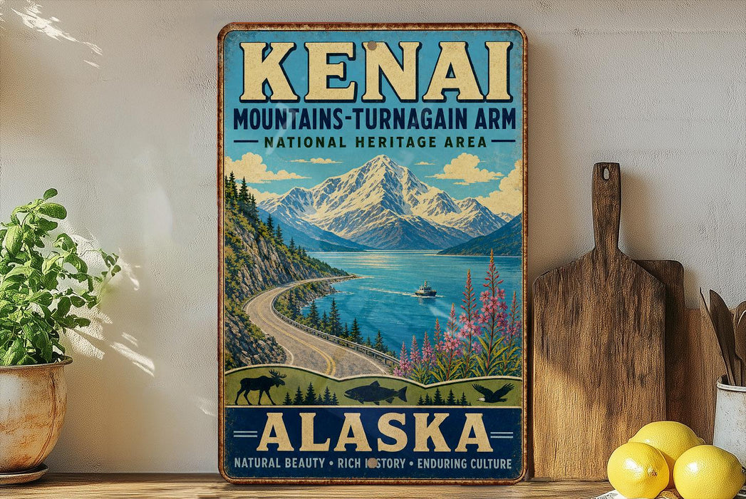 A vintage-style sign for the Kenai Mountains Turn Again Arm National Heritage Area in Alaska, featuring a scenic mountain landscape with a lake and a moose.