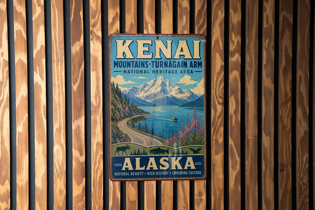 A vintage metal sign for Kenai Mountains Turnagain Arm National Heritage Area, featuring a scenic mountain landscape with a lake and a boat.