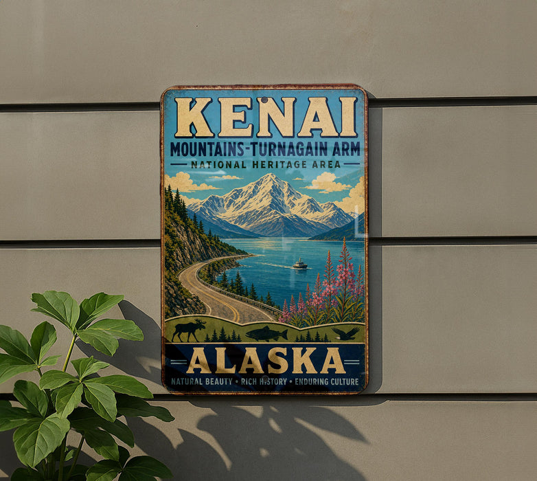 A vintage metal sign for Kenai Mountains Turn Again Arm National Heritage Area in Alaska, featuring a scenic mountain landscape with a lake and wildlife.