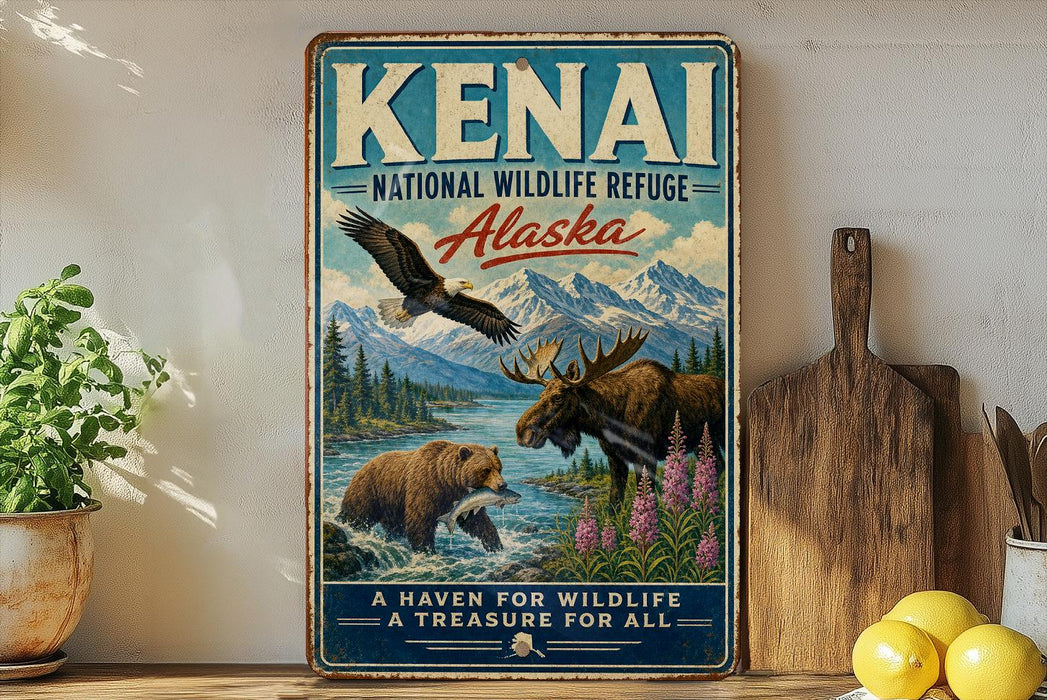 A vintage-style sign for the Kenai National Wildlife Refuge in Alaska, featuring an illustration of a moose, bear, and eagle in a natural setting.