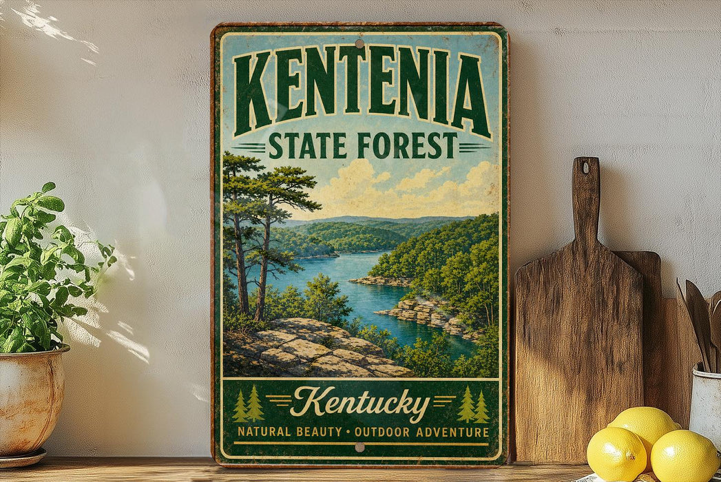 A vintage-style sign for Kenteria State Forest, featuring a scenic landscape with a river, mountains, and pine trees.