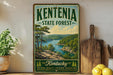 A vintage-style sign for Kenteria State Forest, featuring a scenic landscape with a river, mountains, and pine trees.