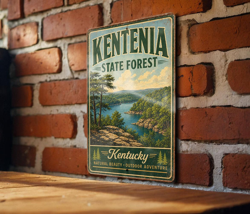 A vintage-style metal sign for the Kentucky State Forest hangs on a brick wall, featuring a scenic landscape with a lake and mountains.