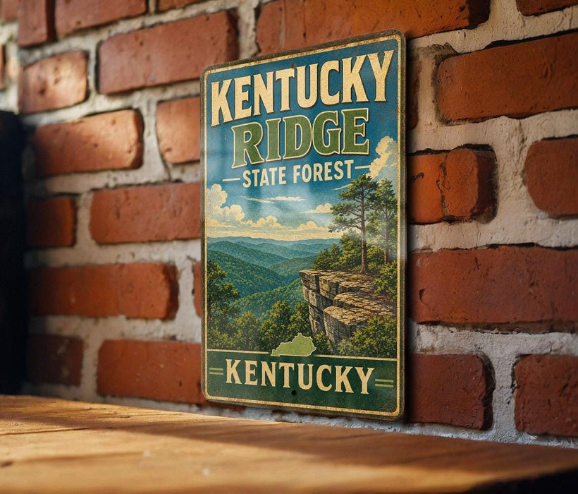 A vintage-style metal sign displaying the name "Kentucky Ridge State Forest" and the location "Kentucky" is mounted on a brick wall.