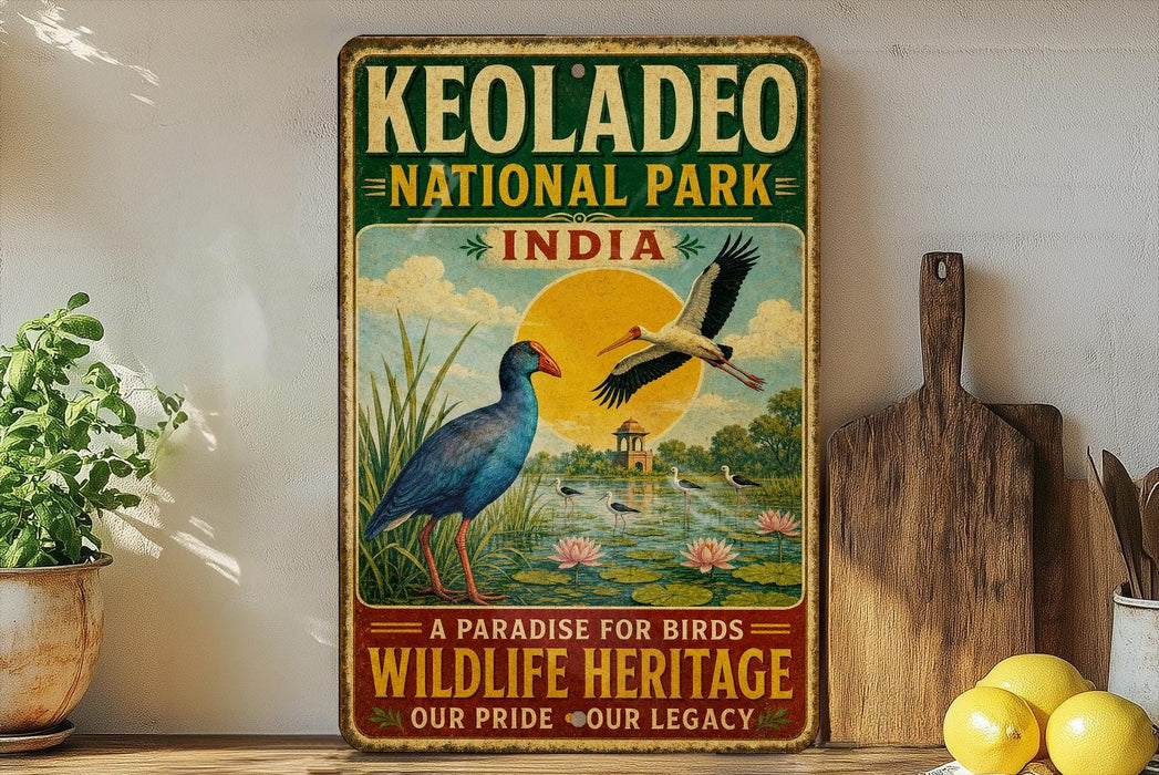 A vintage-style metal sign for Keoladeo National Park in India, featuring a blue bird and a seagull in a natural setting with a sun and water.