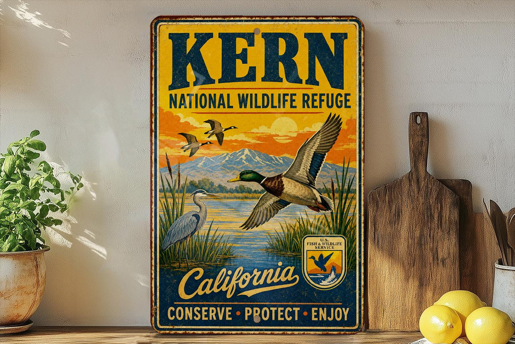 A vintage-style metal sign for Kern National Wildlife Refuge in California, featuring an illustration of ducks and other wildlife in a natural setting.