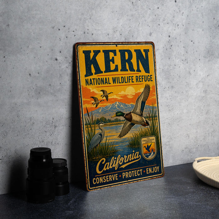A vintage metal sign for Kern National Wildlife Refuge in California, featuring an illustration of ducks and other wildlife in a natural setting.