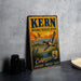 A vintage metal sign for Kern National Wildlife Refuge in California, featuring an illustration of ducks and other wildlife in a natural setting.