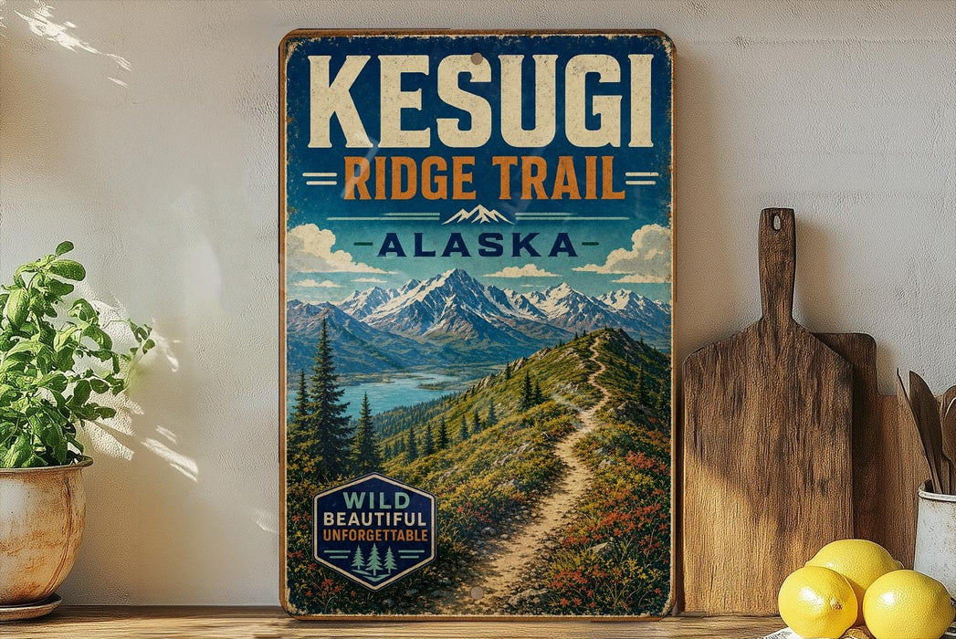 A vintage-style sign for the Kesugi Ridge Trail in Alaska, featuring a scenic mountain landscape with a winding trail.