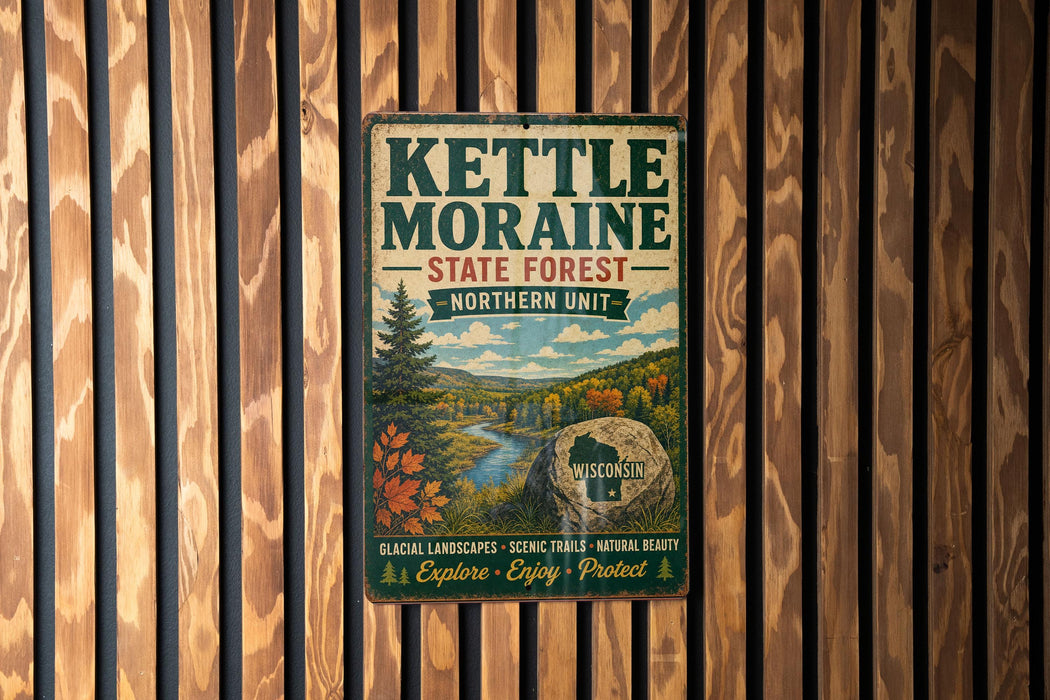 A vintage metal sign for the Kettle Moraine State Forest, featuring a scenic landscape with a river, pine trees, and autumn foliage.
