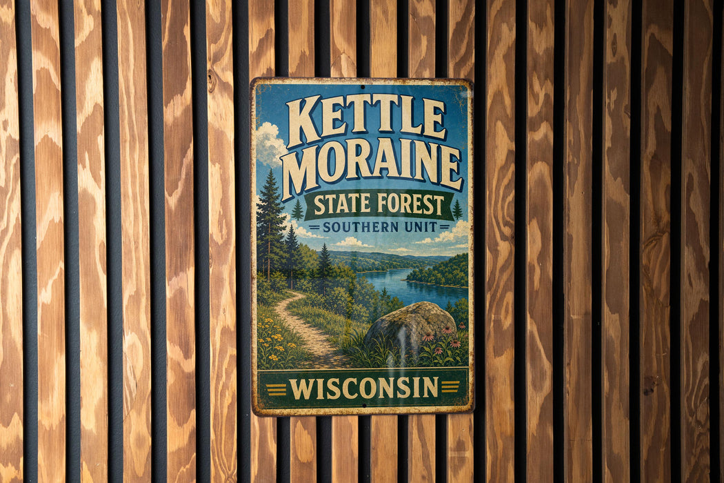 A vintage metal sign for Kettle Moraine State Forest in Wisconsin, featuring a scenic landscape with a river, mountains, and pine trees.