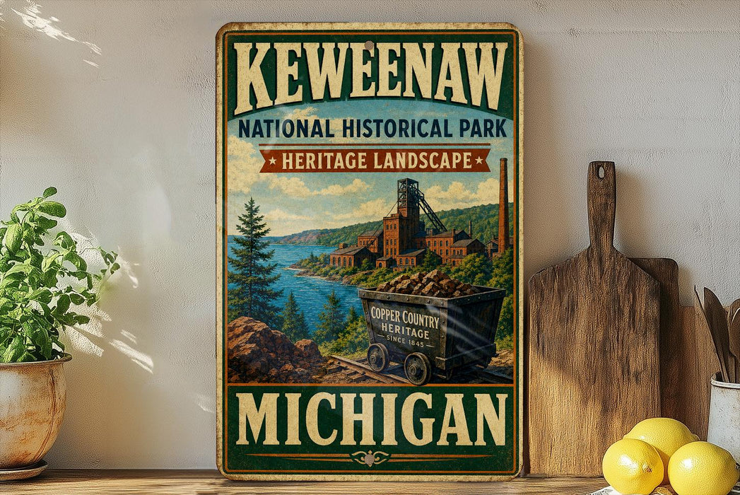 A vintage-style sign for Keweenaw National Historical Park, featuring a scenic landscape with a train and a river, is displayed on a shelf next to a wooden cutting board and some lemons.