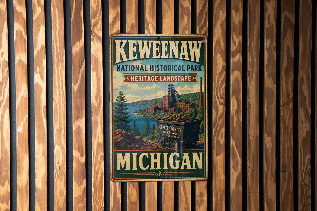 A vintage-style metal sign for Keweenaw National Historical Park, featuring a scenic landscape with a train and a river.