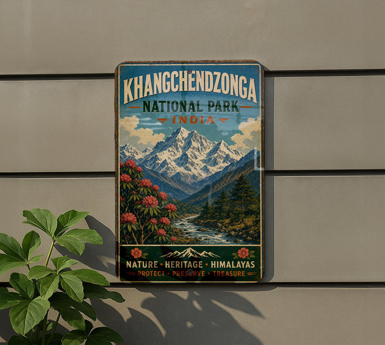 A vintage-style metal sign for the Khangchenzong National Park in India, featuring a mountain landscape with snow-capped peaks, lush vegetation, and a river flowing through the valley.