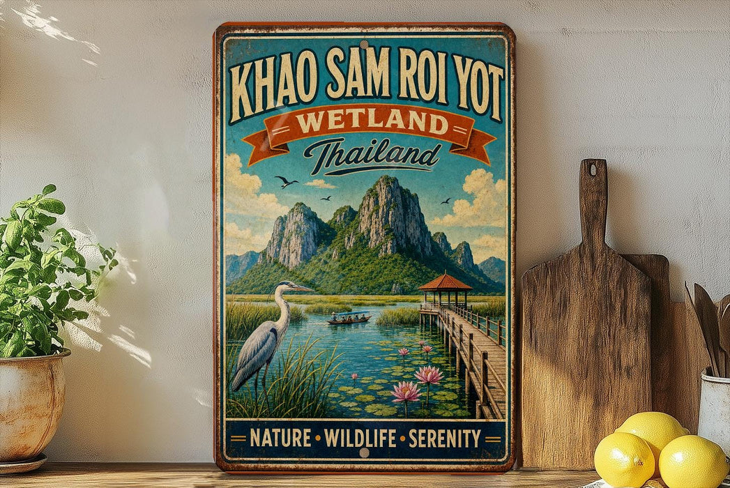 A vintage-style poster advertising Thailand's Khao Sam Roi Yot Wetland, featuring a scenic landscape with mountains, a lake, and a wooden bridge.