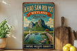 A vintage-style poster advertising Thailand's Khao Sam Roi Yot Wetland, featuring a scenic landscape with mountains, a lake, and a wooden bridge.