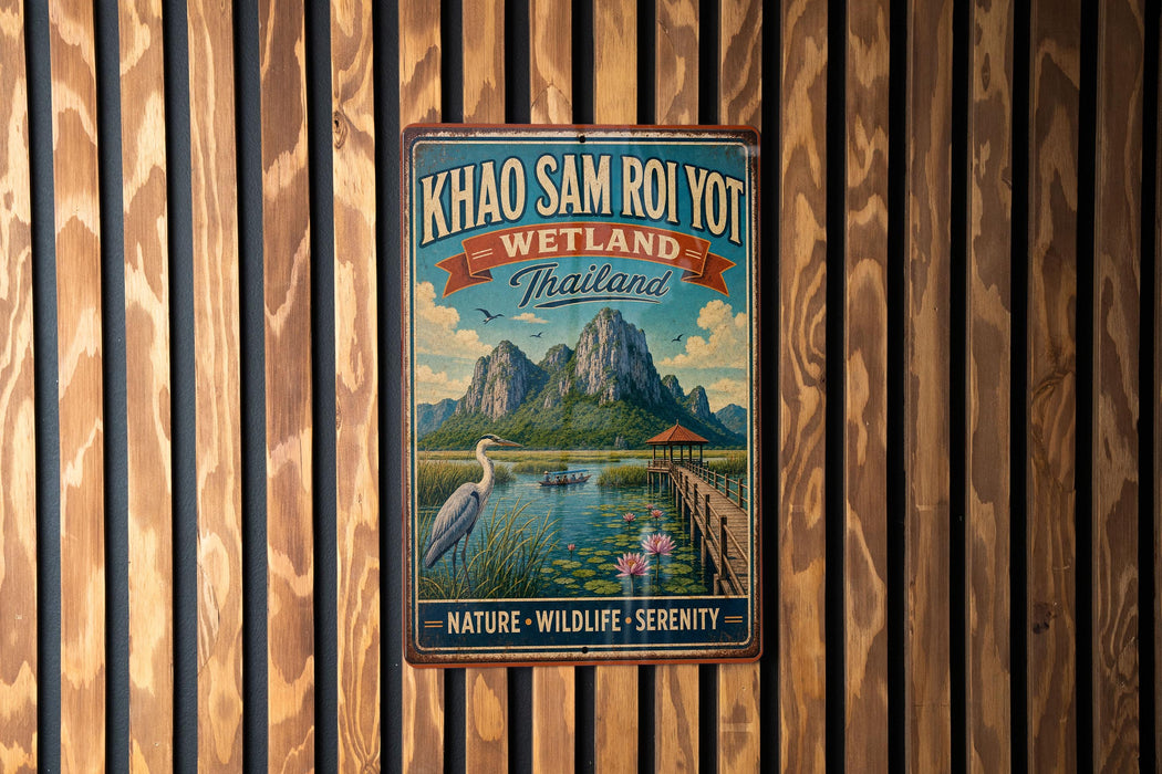 A vintage-style metal sign with the text "KHOA SAM ROI YOT WETLAND Thailand" and an illustration of a serene landscape with mountains, a lake, and a bird.