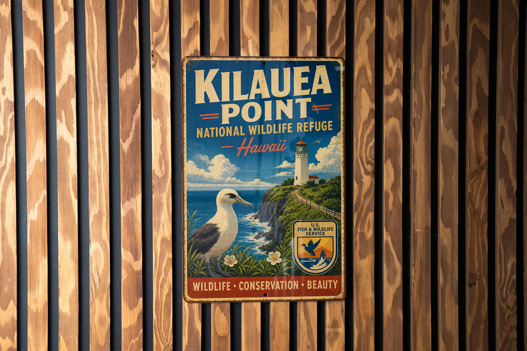 A vintage-style metal sign for the National Wildlife Refuge in Hawaii, featuring a lighthouse and a seagull, mounted on a wooden wall.