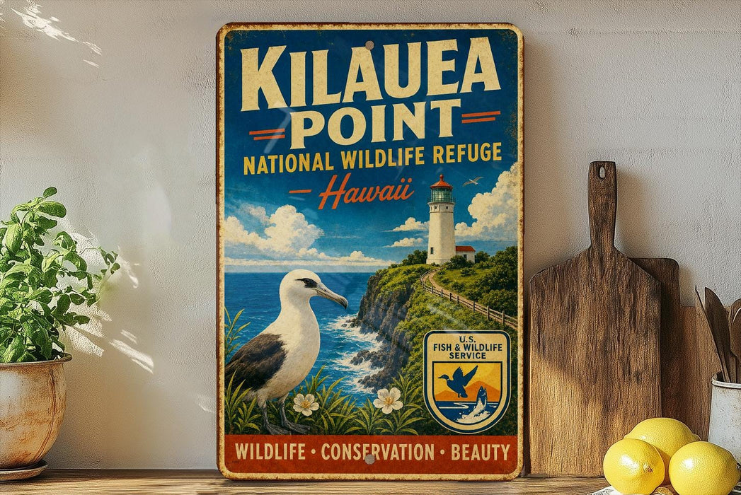 A vintage-style sign for the National Wildlife Refuge in Hawaii, featuring a lighthouse and a seagull, with a wooden paddle and a potted plant in the foreground.